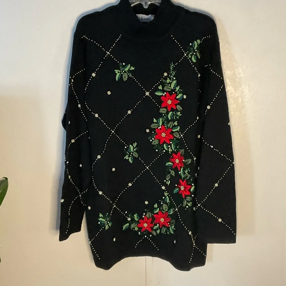 Elegant Black Floral Holiday Sweater - Picture 1 of 9